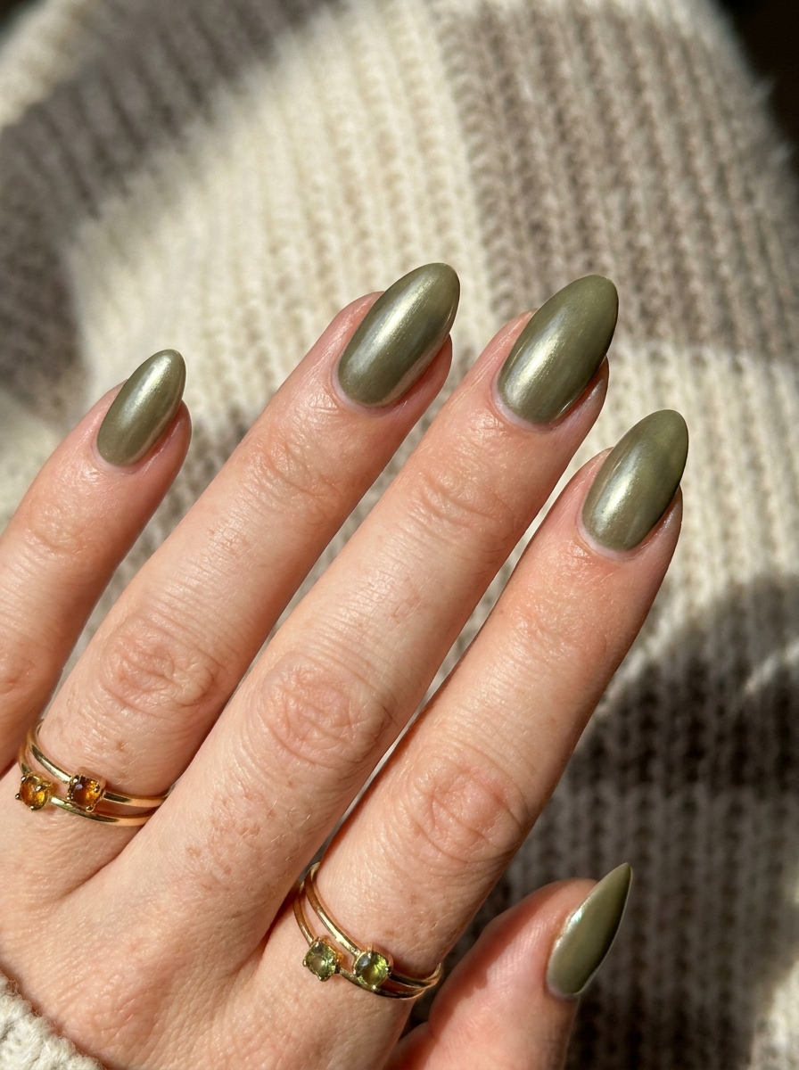 Olive Chrome Nails als olivgrüne Herbstmaniküre 2026